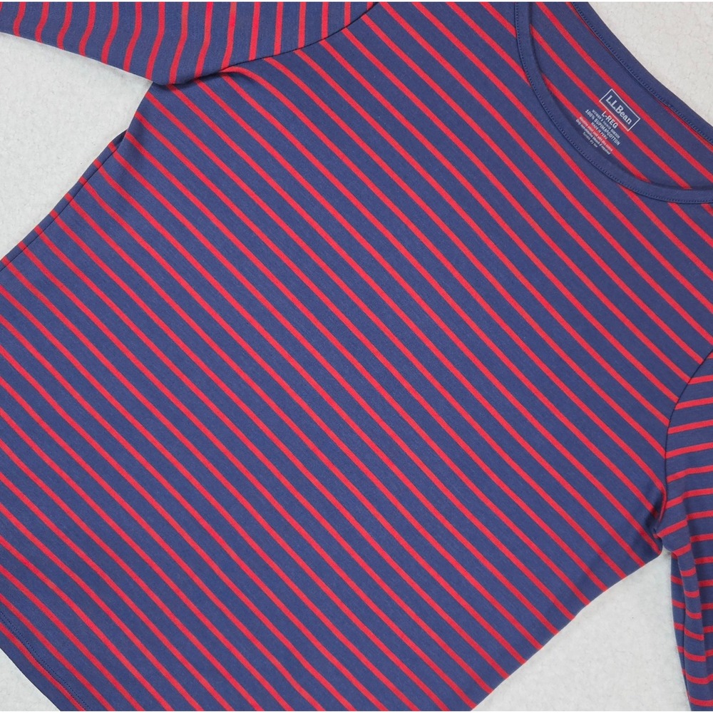L.L. Bean Striped Long Sleeve Tee Women L Blue Red Supima Cotton Breton Coastal